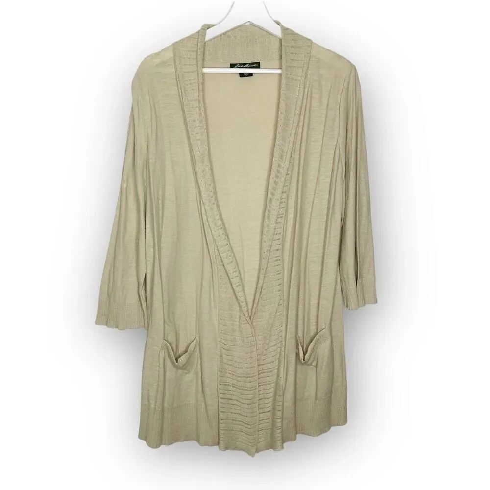 Eddie Bauer Open Front Tan Lightweight Cardigan Sweater Cotton Womens Size Large